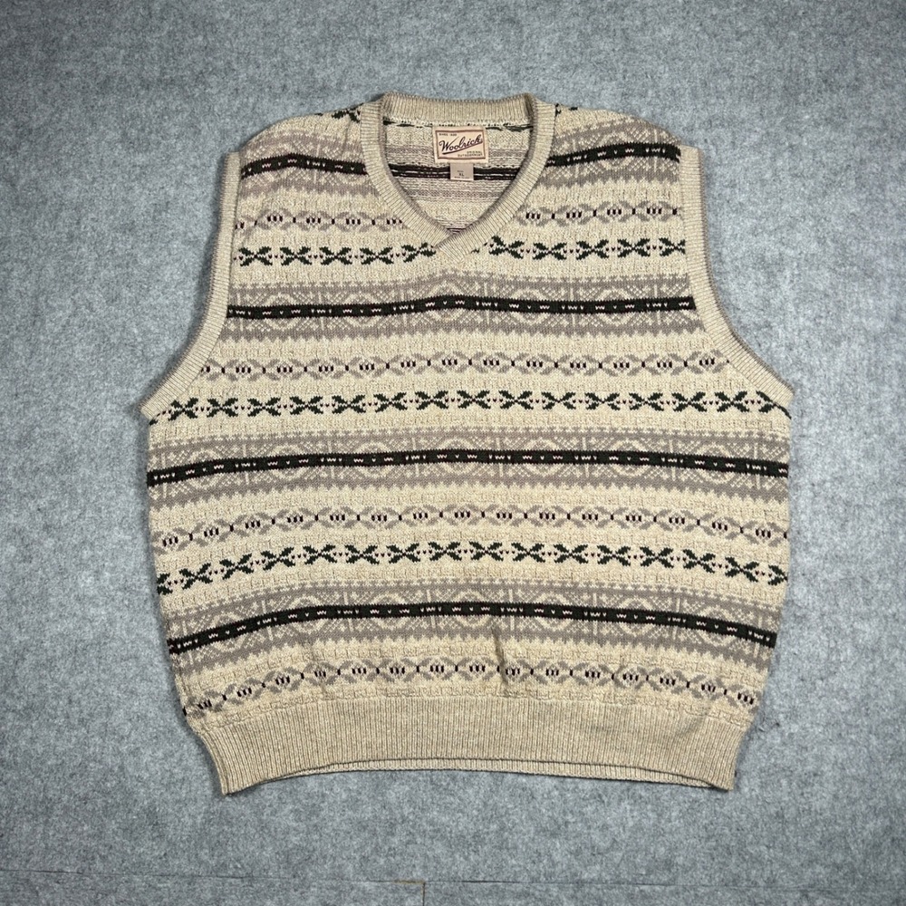 Vintage Woolrich‎ Sweater Vest Mens XL Tan Geometric Knit V-Neck USA Made